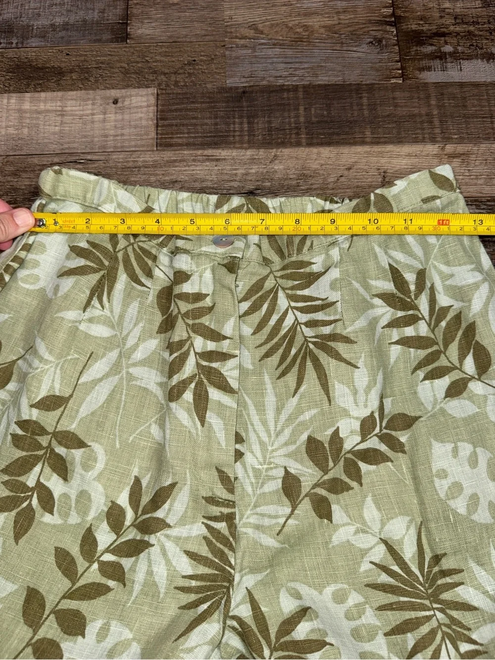 Kathleen Sommers Linen Cropped Linen Pants Size 8 Green Leaf Print Lightweight